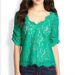 Joie Women Nevina Sheer Lace Blouse Top Eyelash Fringe Ruched Sleeve Small Green